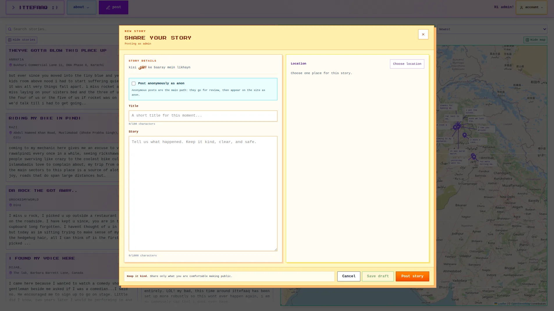 Ittefaaq share your story form with an anonymous posting option, a title, a story field, and a location picker.