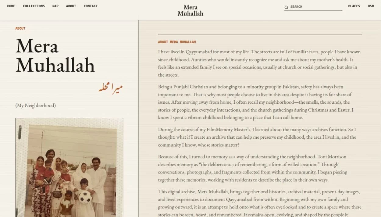 Mera Muhallah about page telling the archive's story beside an old family photograph.